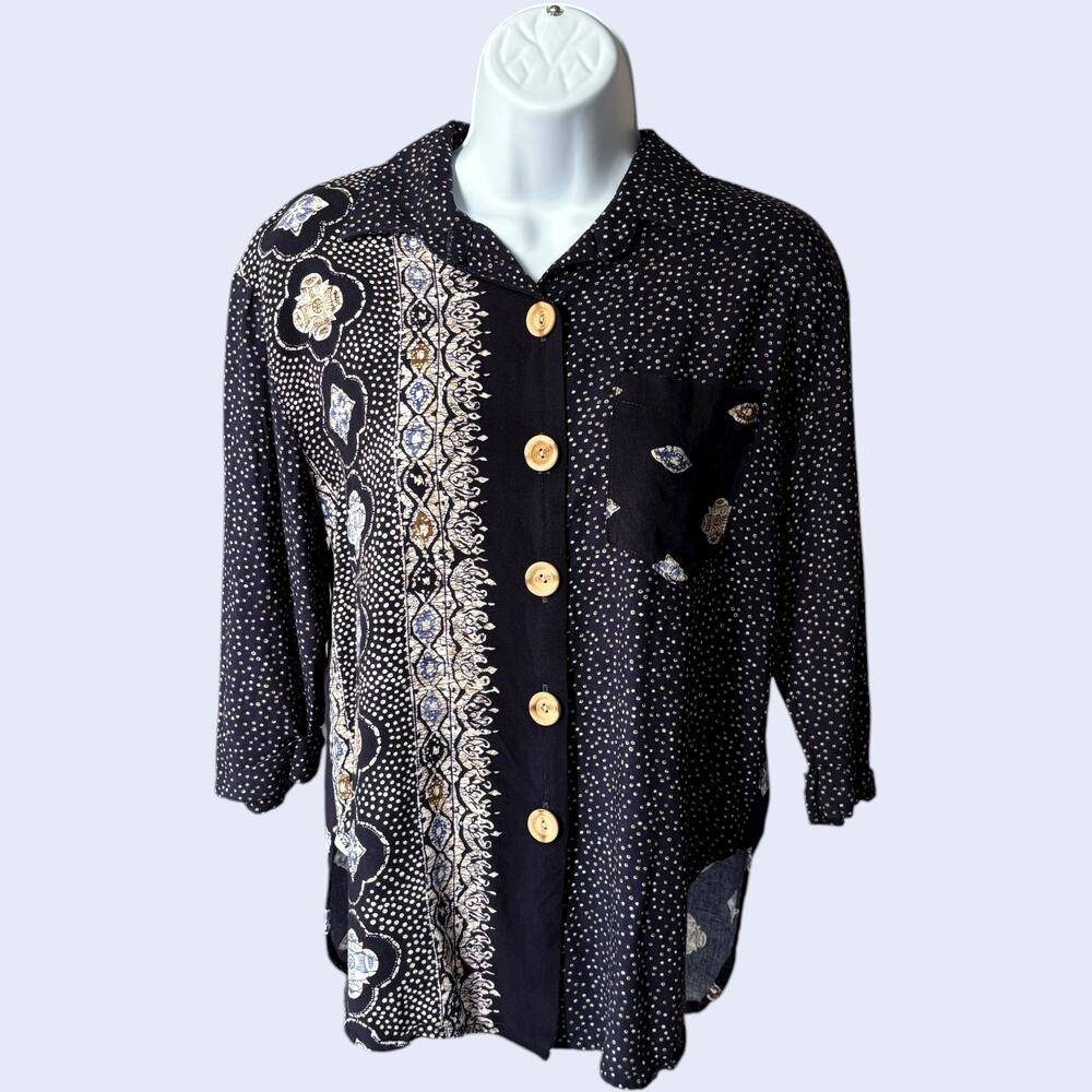 Ms Choice Petite 90s Rayon Button Blouse Navy Mixed Polka Dot Medallion 3/4